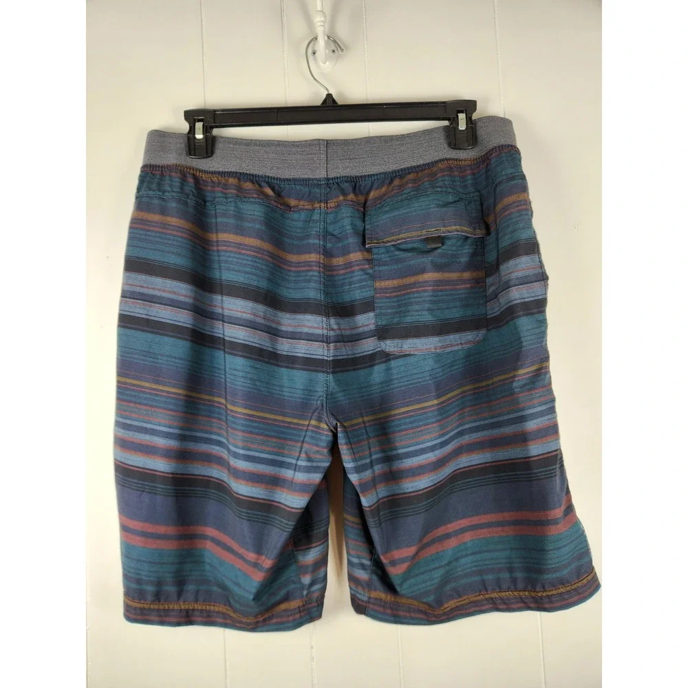 Prana Mens XL Breathe Shorts Blue Teal Striped Elastic Waist Outdoor Hiking